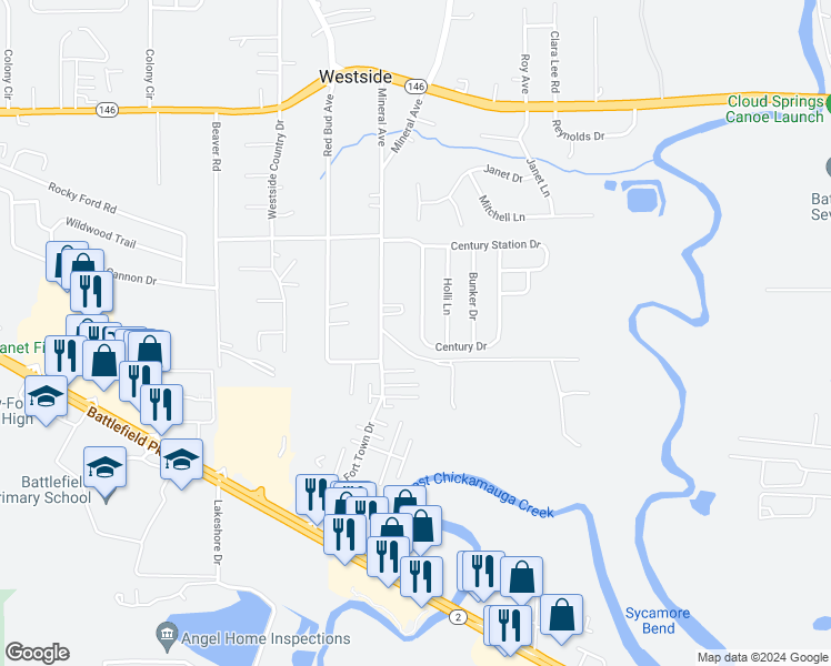 map of restaurants, bars, coffee shops, grocery stores, and more near 170 Century Drive in Rossville