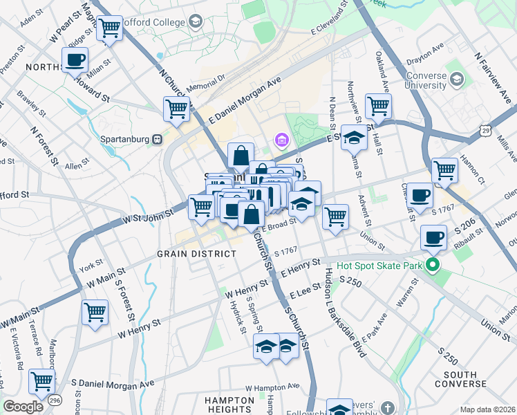 map of restaurants, bars, coffee shops, grocery stores, and more near 100 East Main Street in Spartanburg
