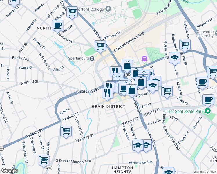 map of restaurants, bars, coffee shops, grocery stores, and more near 201 West Saint John Street in Spartanburg
