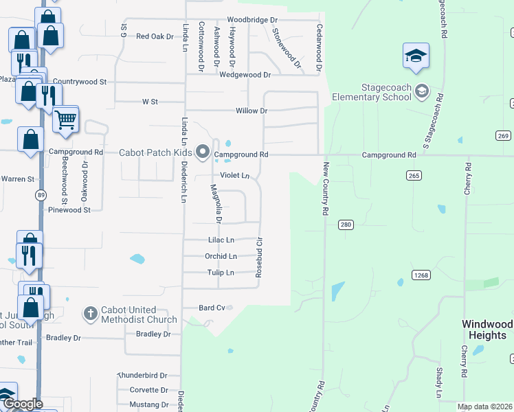 map of restaurants, bars, coffee shops, grocery stores, and more near 88 Rosebud Circle in Cabot