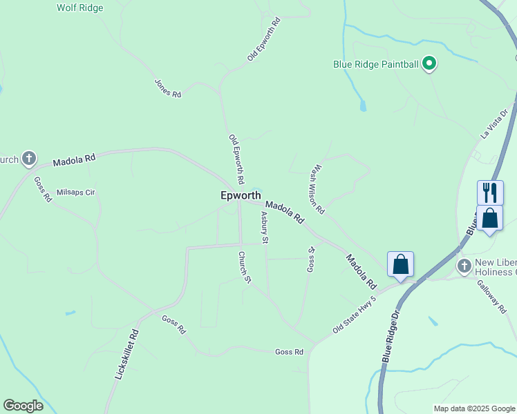 map of restaurants, bars, coffee shops, grocery stores, and more near 547 Madola Road in Epworth