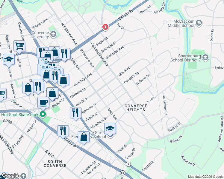 map of restaurants, bars, coffee shops, grocery stores, and more near 642 Palmetto Street in Spartanburg