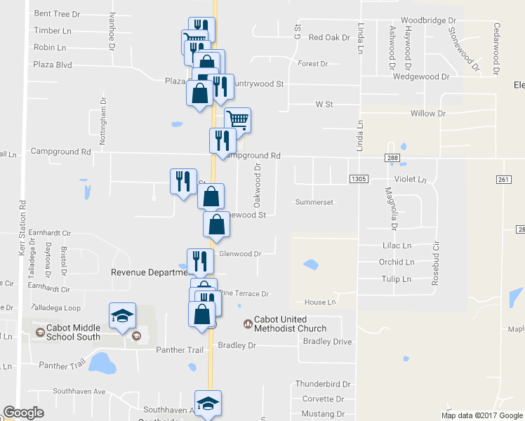 map of restaurants, bars, coffee shops, grocery stores, and more near 28 Oakwood Drive in Cabot