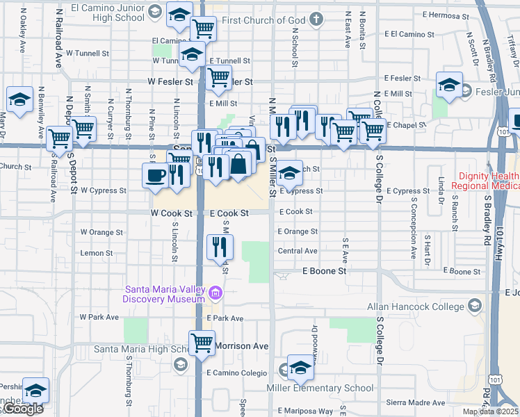 map of restaurants, bars, coffee shops, grocery stores, and more near 301 Miller Street in Santa Maria