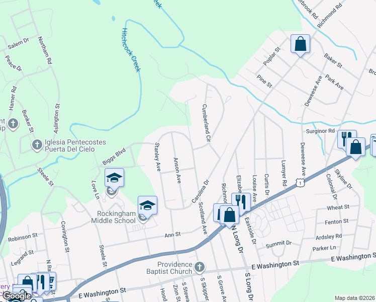 map of restaurants, bars, coffee shops, grocery stores, and more near 701 Scotland Avenue in Rockingham