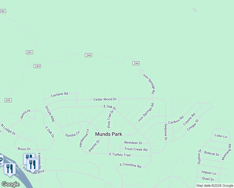 map of restaurants, bars, coffee shops, grocery stores, and more near 17040 Pinon Place in Munds Park