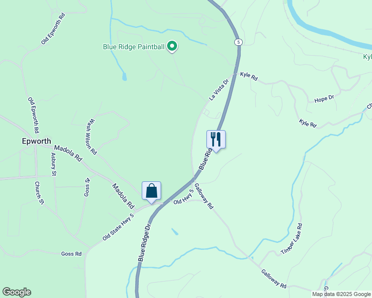 map of restaurants, bars, coffee shops, grocery stores, and more near 456 La Vista Drive in Blue Ridge