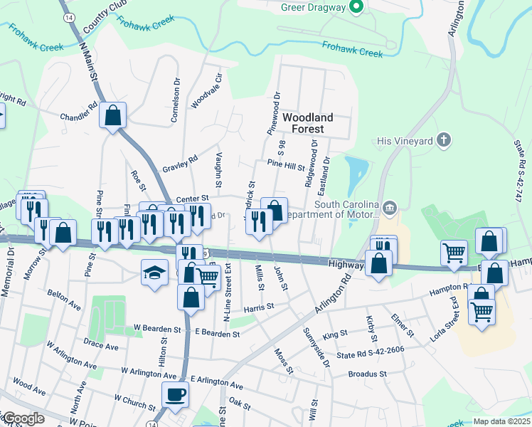 map of restaurants, bars, coffee shops, grocery stores, and more near 305 John Street in Greer