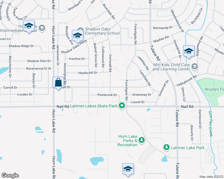map of restaurants, bars, coffee shops, grocery stores, and more near 6126 Cornwall Road in Horn Lake