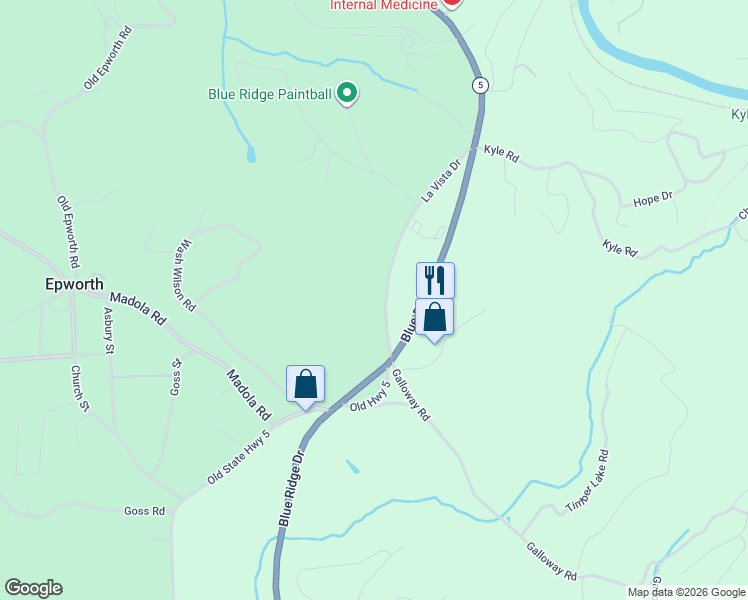 map of restaurants, bars, coffee shops, grocery stores, and more near 456 La Vista Drive in Blue Ridge