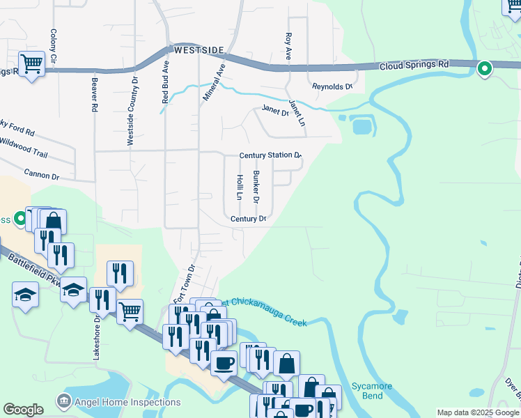 map of restaurants, bars, coffee shops, grocery stores, and more near 183 Bunker Drive in Rossville