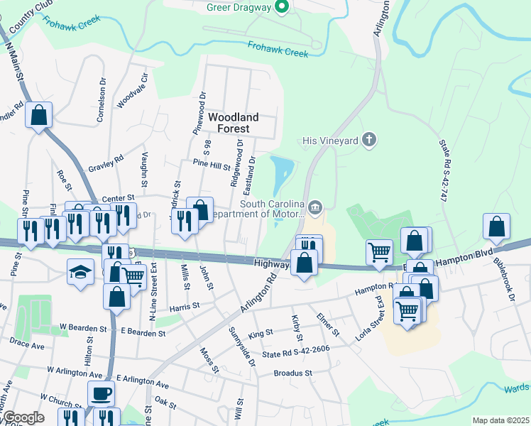 map of restaurants, bars, coffee shops, grocery stores, and more near 112 Lakeview Drive in Greer