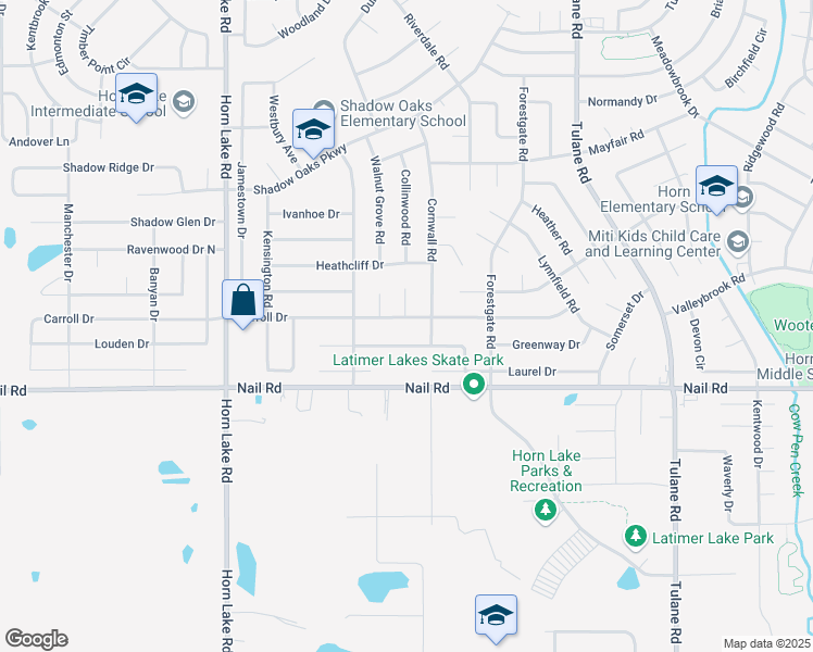 map of restaurants, bars, coffee shops, grocery stores, and more near 3595 Carroll Drive in Horn Lake