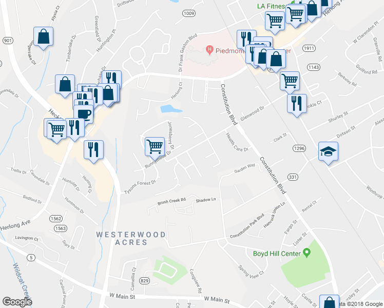map of restaurants, bars, coffee shops, grocery stores, and more near 1589 Brentfield Drive in Rock Hill