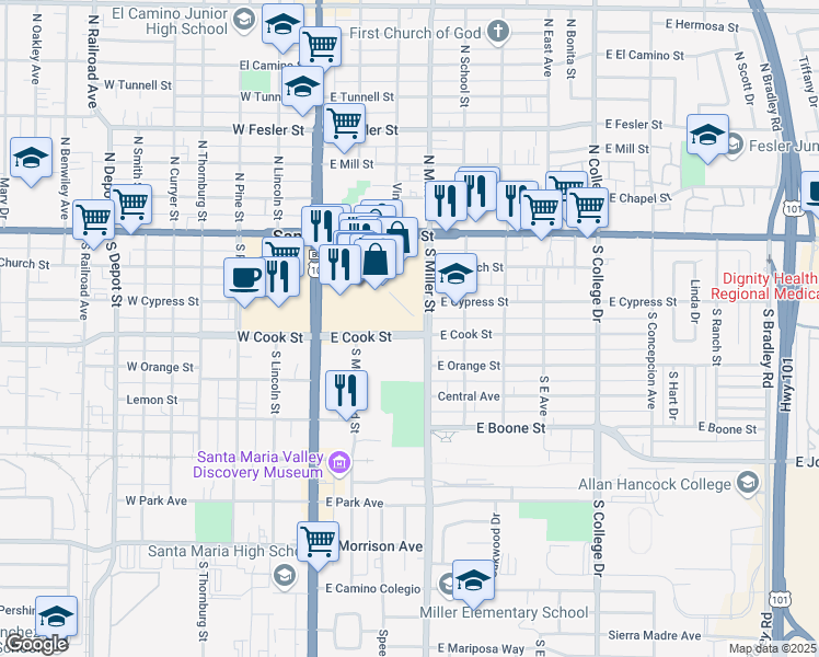 map of restaurants, bars, coffee shops, grocery stores, and more near 301 Miller Street in Santa Maria