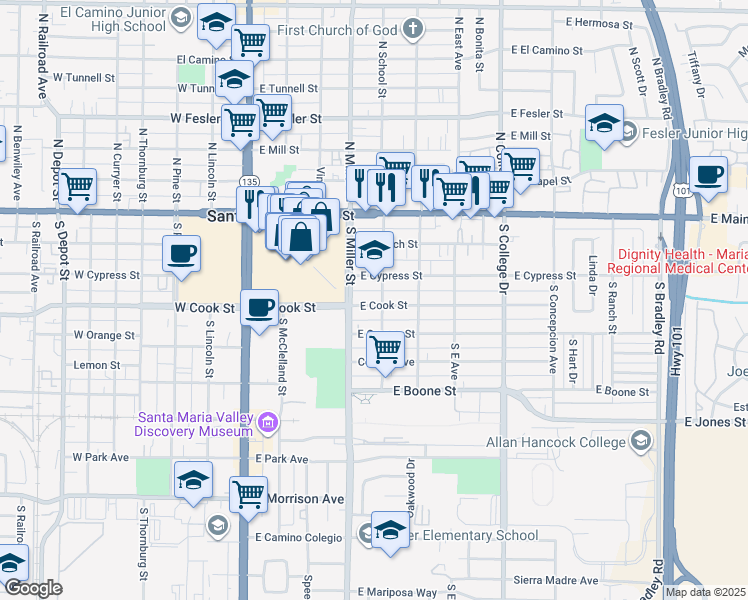 map of restaurants, bars, coffee shops, grocery stores, and more near 421 East Cook Street in Santa Maria