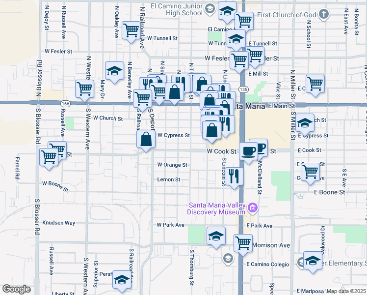map of restaurants, bars, coffee shops, grocery stores, and more near 411 West Cook Street in Santa Maria