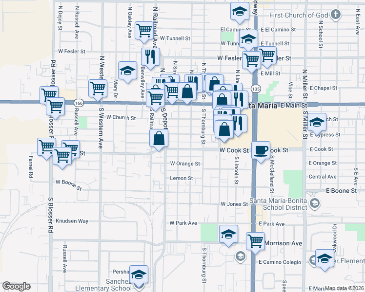map of restaurants, bars, coffee shops, grocery stores, and more near 511 West Cook Street in Santa Maria
