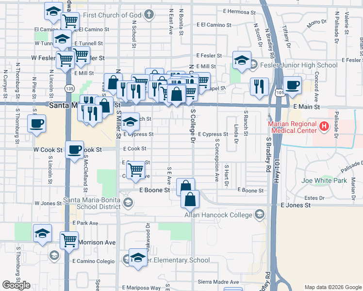 map of restaurants, bars, coffee shops, grocery stores, and more near 723 East Cook Street in Santa Maria