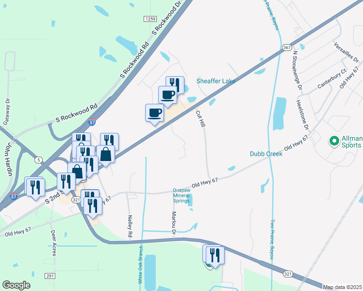 map of restaurants, bars, coffee shops, grocery stores, and more near 2695 South 2nd Street in Cabot