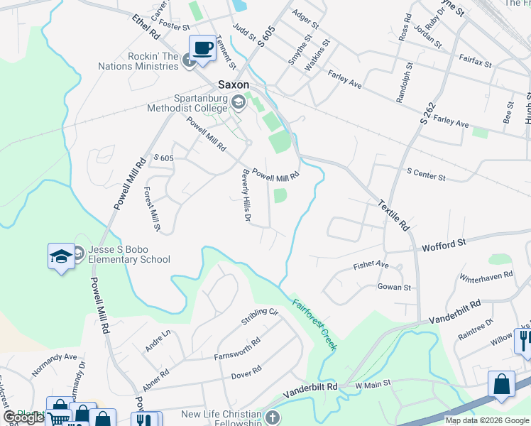 map of restaurants, bars, coffee shops, grocery stores, and more near 18 Beverly Hills Drive in Spartanburg