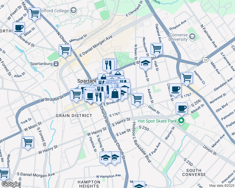 map of restaurants, bars, coffee shops, grocery stores, and more near 185 East Main Street in Spartanburg