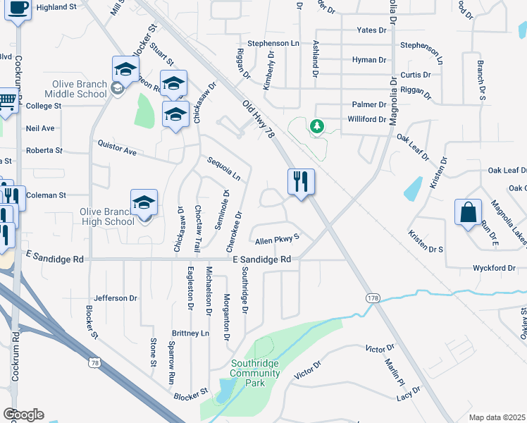 map of restaurants, bars, coffee shops, grocery stores, and more near 9869 Morgan Manor Drive in Olive Branch