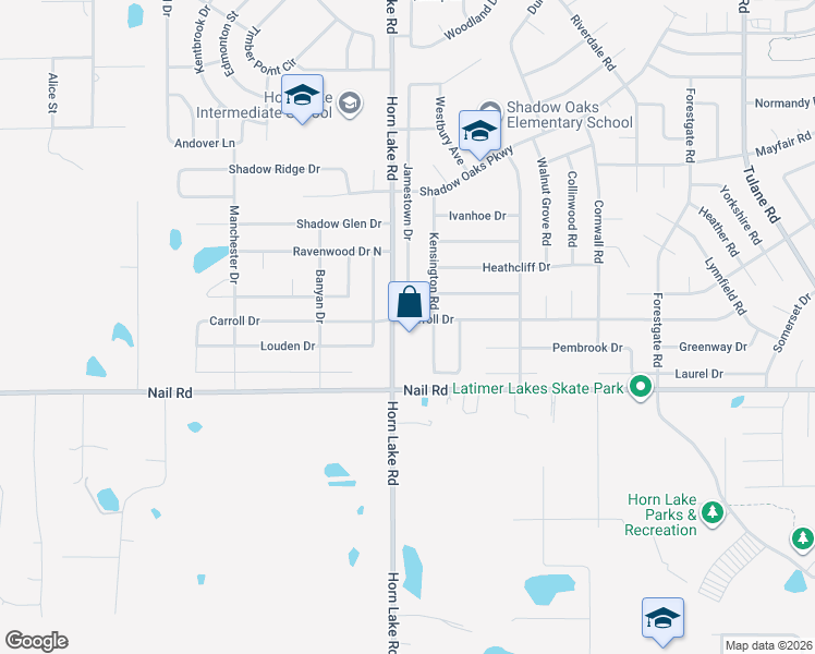 map of restaurants, bars, coffee shops, grocery stores, and more near 3985 Carroll Drive in Horn Lake
