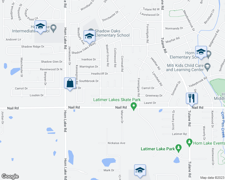 map of restaurants, bars, coffee shops, grocery stores, and more near 3615 Carroll Drive in Horn Lake