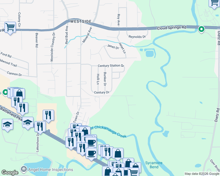 map of restaurants, bars, coffee shops, grocery stores, and more near 365 Century Drive in Rossville