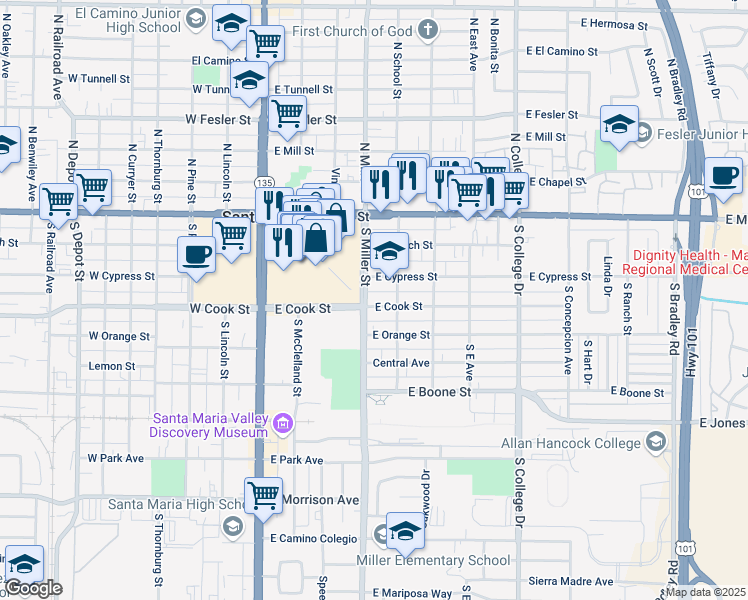 map of restaurants, bars, coffee shops, grocery stores, and more near 405 East Cook Street in Santa Maria
