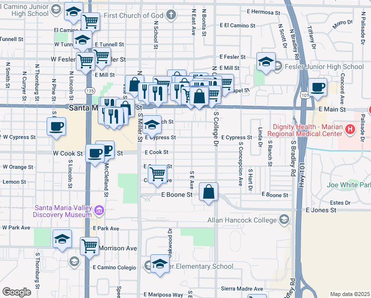 map of restaurants, bars, coffee shops, grocery stores, and more near 623 East Cook Street in Santa Maria