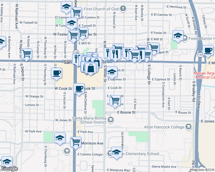 map of restaurants, bars, coffee shops, grocery stores, and more near 421 East Cook Street in Santa Maria