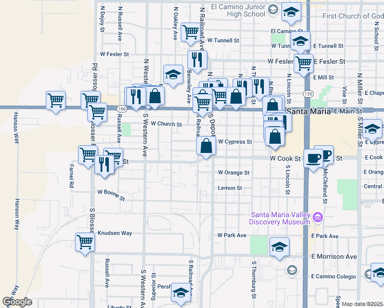 map of restaurants, bars, coffee shops, grocery stores, and more near 808 Barrett Street in Santa Maria