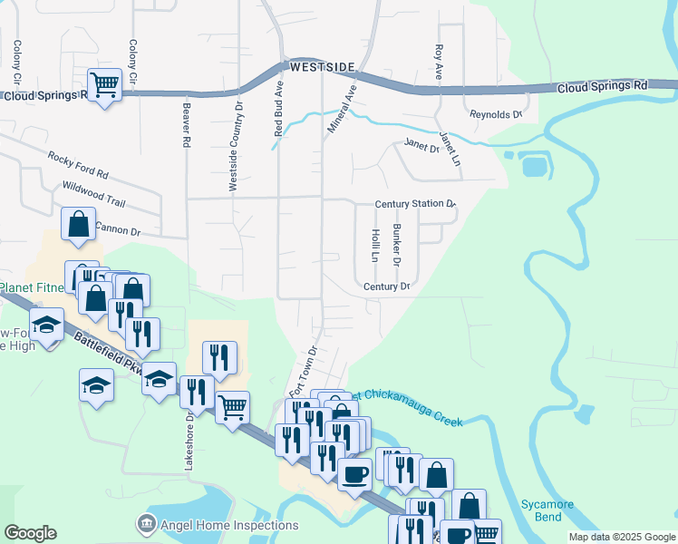 map of restaurants, bars, coffee shops, grocery stores, and more near 170 Century Drive in Rossville