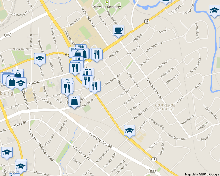 map of restaurants, bars, coffee shops, grocery stores, and more near 530 Norwood Street in Spartanburg