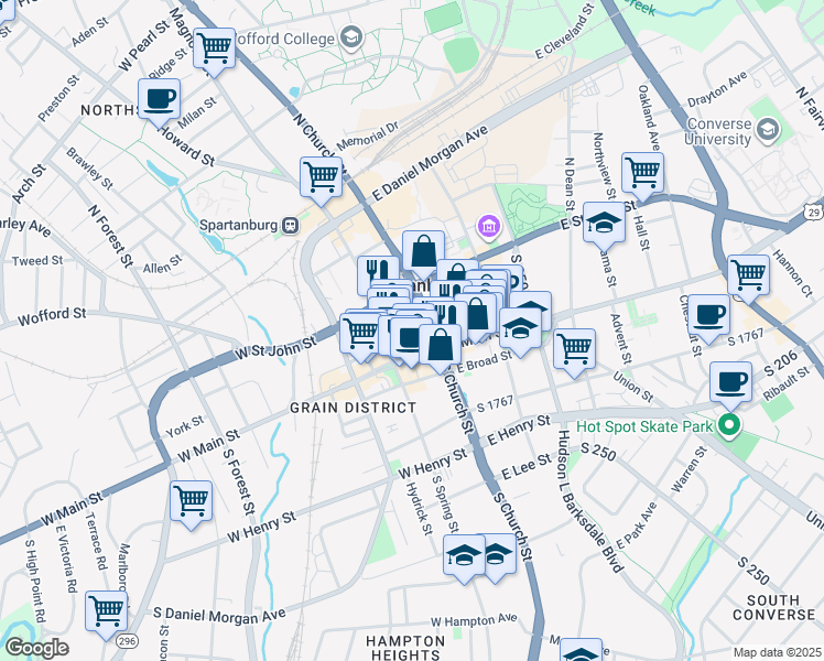 map of restaurants, bars, coffee shops, grocery stores, and more near 100 Dunbar Street in Spartanburg