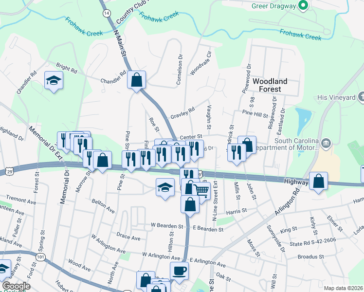 map of restaurants, bars, coffee shops, grocery stores, and more near 713 North Main Street in Greer