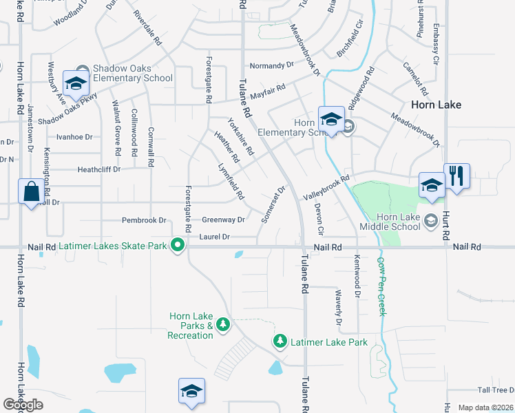 map of restaurants, bars, coffee shops, grocery stores, and more near 6205 Lynnfield Road in Horn Lake