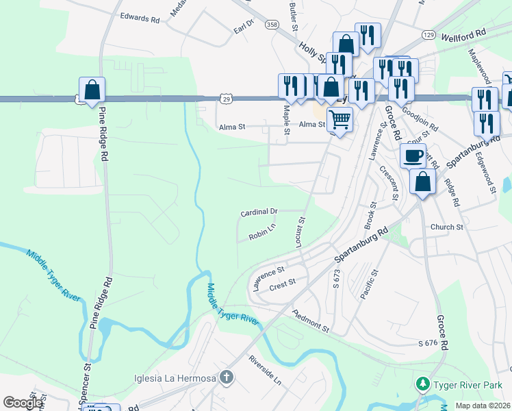 map of restaurants, bars, coffee shops, grocery stores, and more near 108 Cardinal Drive in Lyman