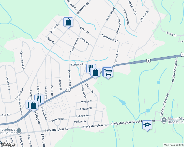 map of restaurants, bars, coffee shops, grocery stores, and more near 2111 Fayetteville Road in Rockingham