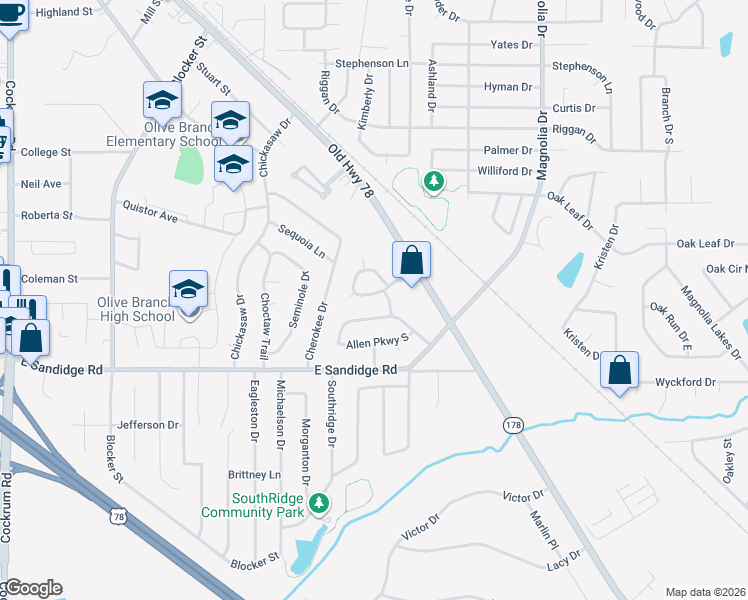map of restaurants, bars, coffee shops, grocery stores, and more near 9869 Morgan Manor Drive in Olive Branch