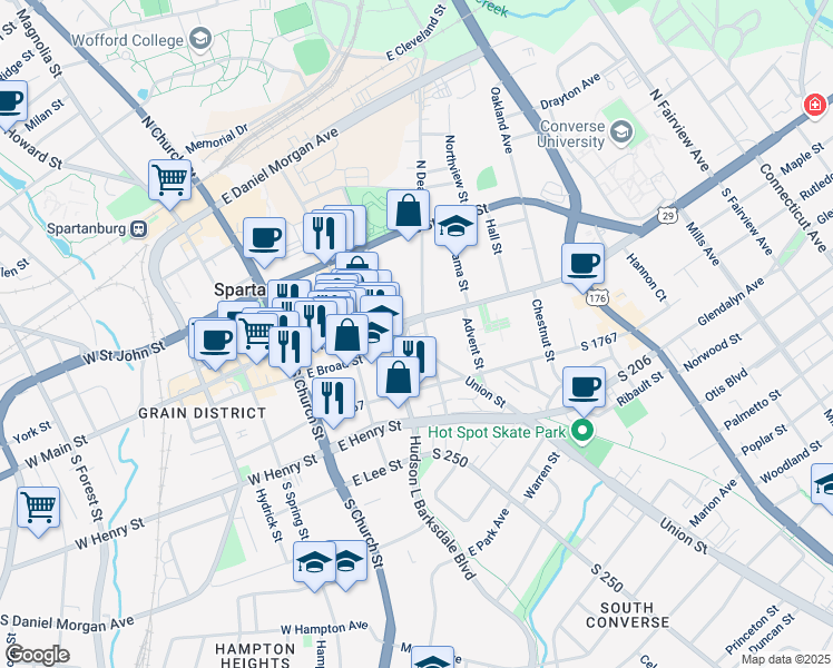 map of restaurants, bars, coffee shops, grocery stores, and more near 142 South Dean Street in Spartanburg