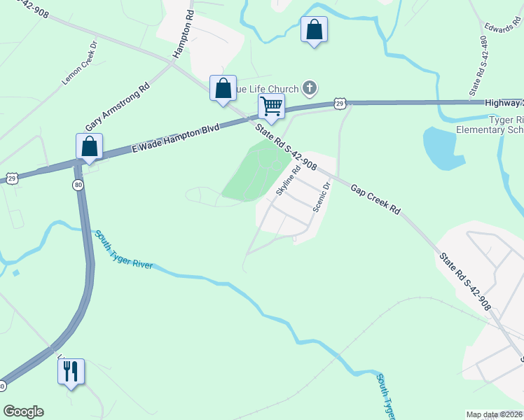 map of restaurants, bars, coffee shops, grocery stores, and more near 322 Skyline Road in Greer