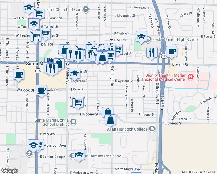map of restaurants, bars, coffee shops, grocery stores, and more near 723 East Cook Street in Santa Maria
