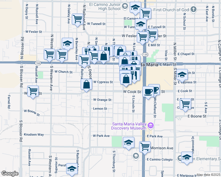 map of restaurants, bars, coffee shops, grocery stores, and more near 411 West Cook Street in Santa Maria