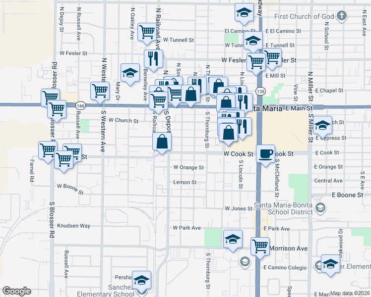 map of restaurants, bars, coffee shops, grocery stores, and more near 511 West Cook Street in Santa Maria