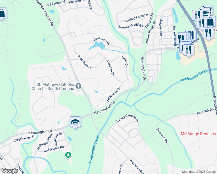 map of restaurants, bars, coffee shops, grocery stores, and more near 3006 Spruell Court in Waxhaw