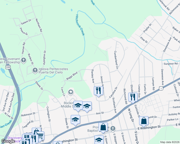 map of restaurants, bars, coffee shops, grocery stores, and more near 623 Stanley Avenue in Rockingham