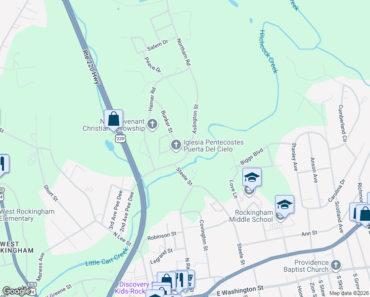 map of restaurants, bars, coffee shops, grocery stores, and more near 36 Bunker Street in Rockingham